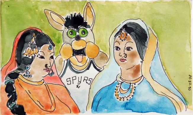 From the Index-Card-A-Day challenge. The Spurs Coyote chatting it up with some fans.