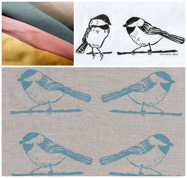 Chickadee drawings, fabric, printed fabric